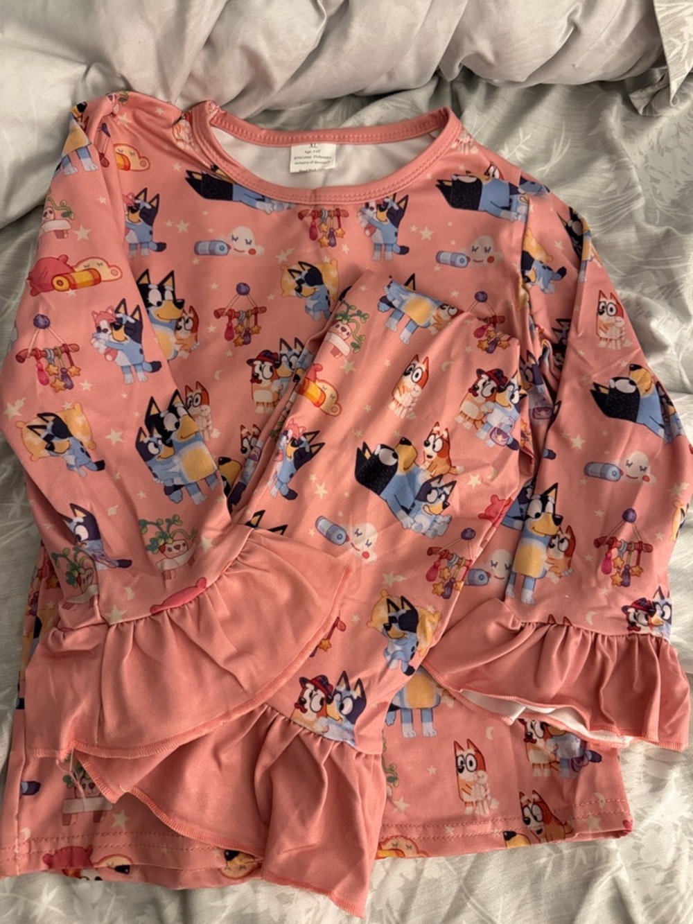 Kids Pink Cartoon Character Ruffle Pajama Set